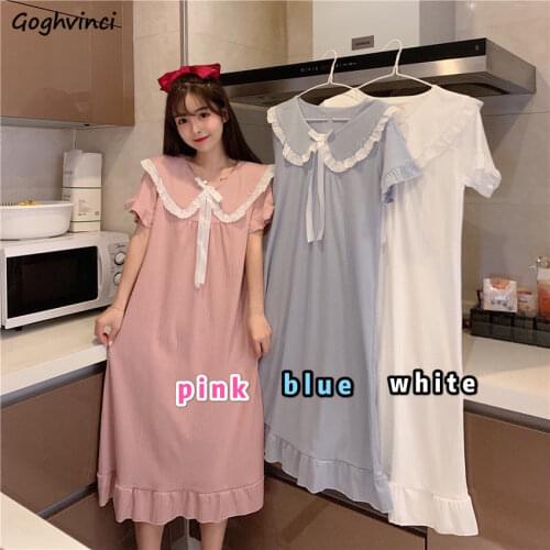 Nightgowns Women Lace Kawaii Turn Down Collar Girls Nightwear Mid-calf Solid Sweet Cozy Baggy Female Butterfly-sleeve Hot Sale