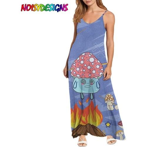 NOISYDESIGNS Cartoon Mushroom Blue Prints Women Sexy Dress Summer Off Shoulder Long Dresses Female Elegant Gown Beach Sundress