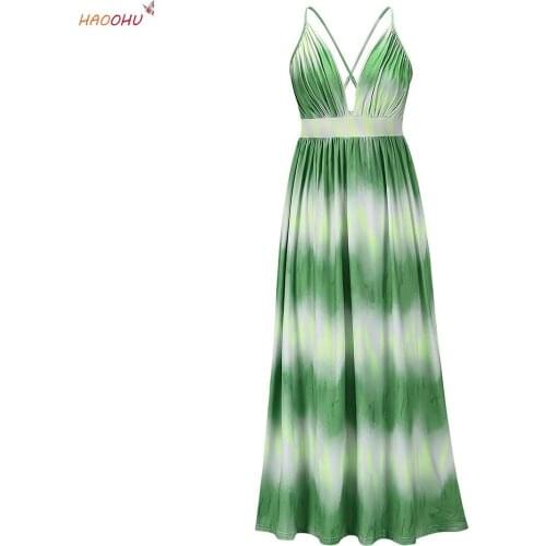 HAOOHU Summer New 2021 Elegant Slim Gradient Stripes Printing Slip Dress European and American plus Size Womens Clothes