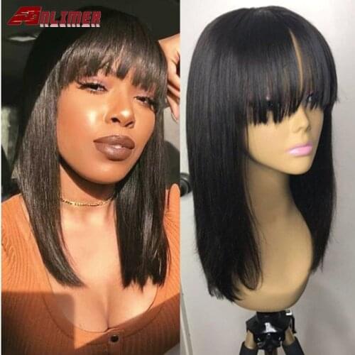 Anlimer 13x4 Short Bob Lace Front Human Hair Wig Brazilian Remy Hair with Bangs Pre Plucked Natural Hairline Fringe wig