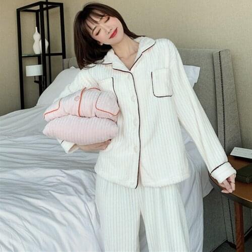 Coral Fleece Thicken Pajamas Women Warm Flannel Winter Sleepwear Set Outer Wear Fashion White/Pink Lapel Homewear Pijamas Suit