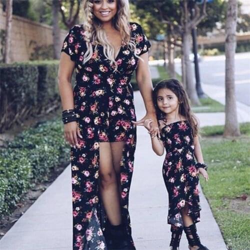 Mommy & Me Flower Mother Daughter Dresses Summer Short Sleeve Clothes Mom and Daughter Irregular Dress Kid Parent Outfits Family