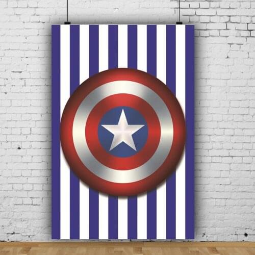 Silver Star Blue White Striped Shield Backdrops Photography Captain Super Heros Boy Birthday Cake Table Cover Decor Backgrounds