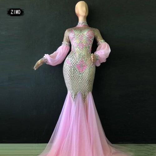 Super shiny pink diamond rhinestone elastic dress bar nightclub concert singer stage costume birthday festival outfit drag queen