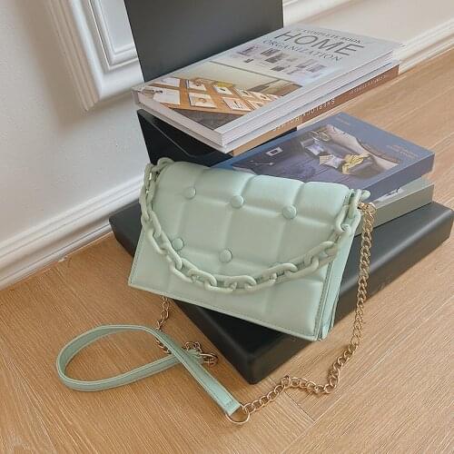 Mint Green Trending Big Chain Soft PU Leather Shoulder Bags For Women 2021 New Simple Mini Luxury Designer Handbag Solid Plaid