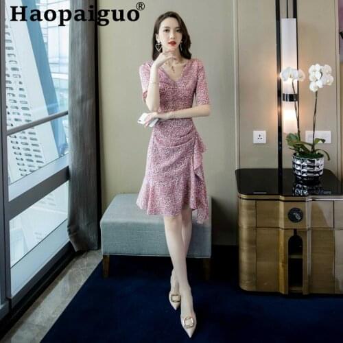 2019 Summer Print Leopard Women Dress Half Sleeve Sheath Ruffles Ladies Dresses Pink Vestido Mujer Sexy Dress Women Plus Size