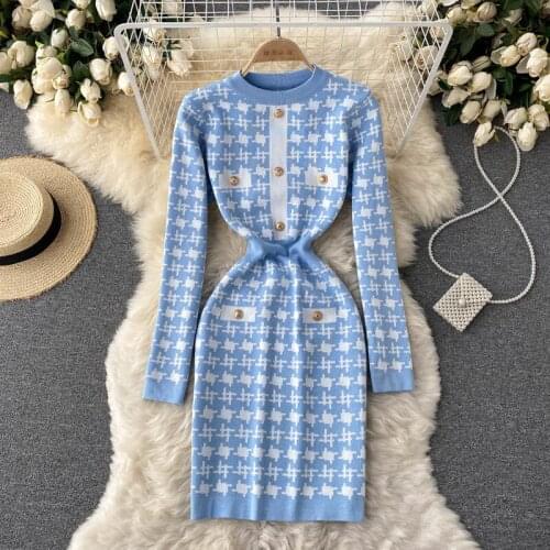 Korean Women Geometric Knitted Dress 2021 New Autumn Winter Long Sleeve O-neck Buttons Slim Fit Mini Bodycon Sweater Dresses