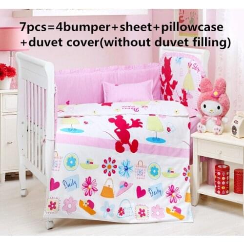 Promotion! 6/7PCS Cartoon Baby Kit Crib Cot Bedding Sets Baby Bumpers Sheet Dust Ruffle