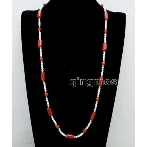 4-5mm White Round Natural Pearl and 6-7mm Red Coral & 10-11mm Thick Slice Coral 30'' necklace-nec6432