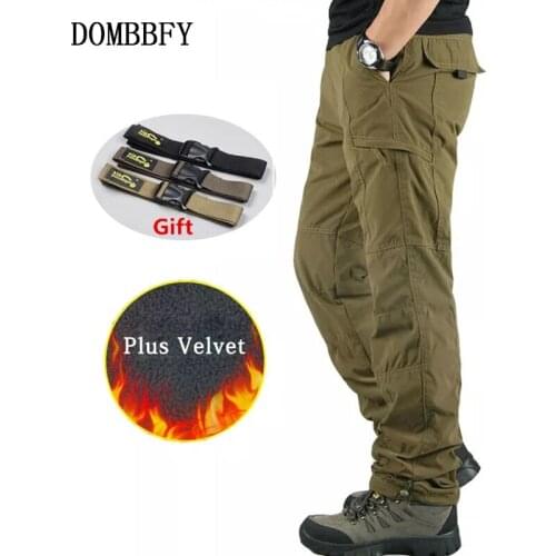 Men Cargo Pants Fleece Thick Warm Multi Pocket Autumn Winter Military Army Zip Straight Slacks Long Trousers Outwear Sport Pants