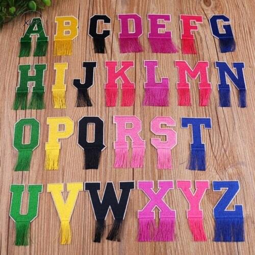 XICC Color Tassel Letter Badge Embroidered Iron on Patch Name Tags Clothes Bag Decorations 26 Alphabet Appliques DIY Logo Crafts
