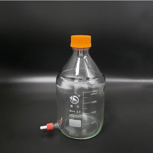 Reagent bottle,With yellow screw cover,Lower detachable small nozzle GL14mm,Borosilicate glass,2000ml,Plastic Lid