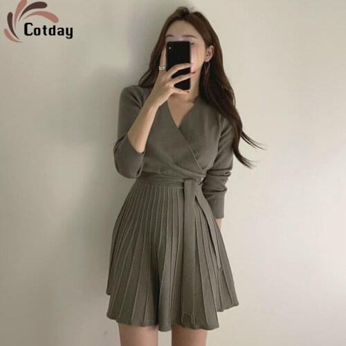Cotday Long Sleeve Solid Casual A-Line 2021 Fashion New Womens Spring Autumn Praty Dress School Women Sweater Dress