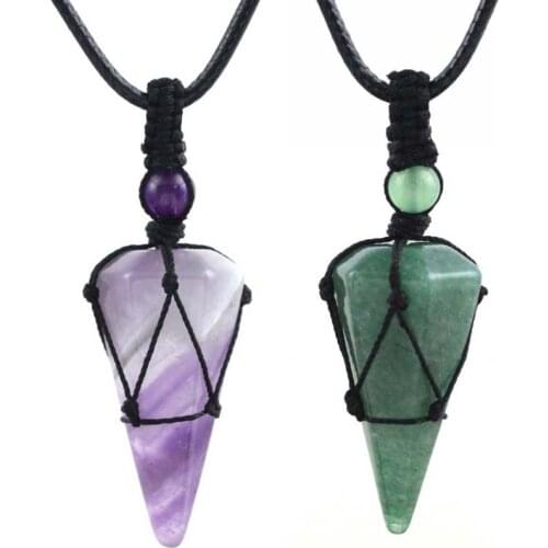 KFT Natural Stone Cone Pendants Crystal Quartz Black Rope Wrapped Treatment Stones Necklace for Men Female Fashion Jewelry