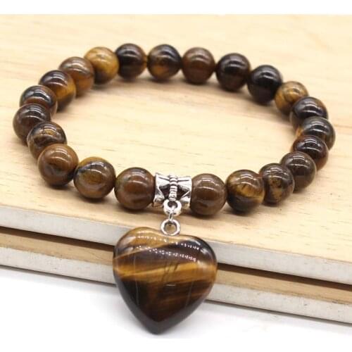 Kraft-beads Silver Plated Love Heart Natural Tiger Eye Stone Connect Round Beads Bracelet Romantic Jewelry