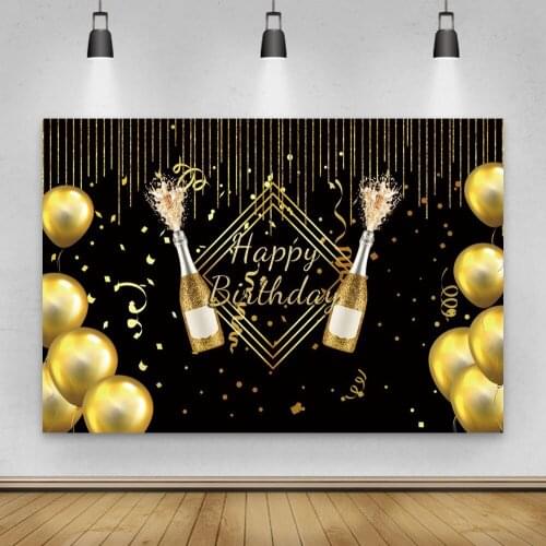 Laeacco Birthday Photography Backgrounds Golden Balloons Ribbons Glitter Champagne Custom Backdrops For Photo Studio Photocall