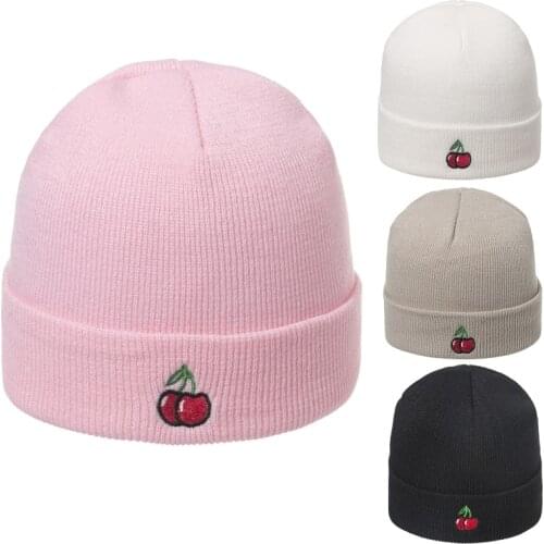 Women Men Cute Cherry Fruit Embroidery Beanie Hat Solid Color Acrylic Knitted Stretch Cuffed Skull Cap Winter Ear Warmer