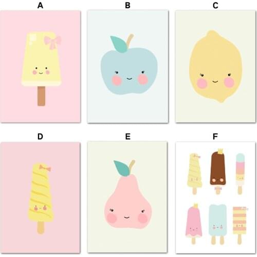 Wall Art Canvas Painting Cartoon Fruit Poster Cute Apple Pear Mango Ice Cream Poster Nursery Modern Children Room Home Decore