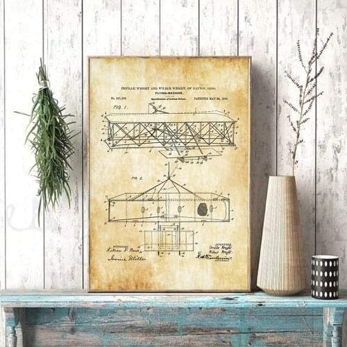 Wright Brothers Airplane Patent Poster Vintage Airplane Blueprint Canvas Painting Pilot Gift Aircraft Wall Art Decoration