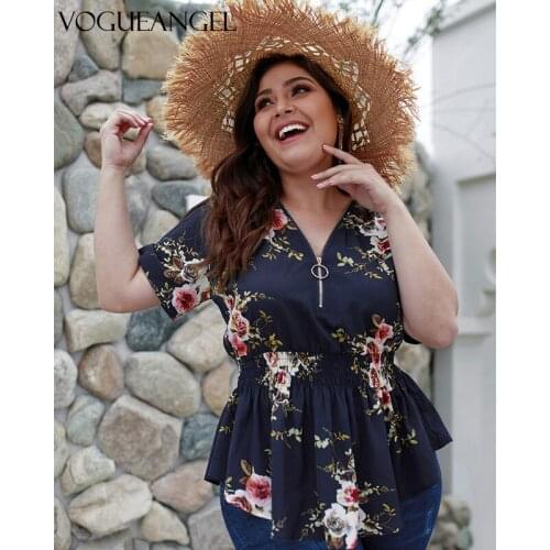 Causal Chiffon Blouse 2021 Summer Women Clothing Peplum Tops V-Neck Zipper Blusas Boho Floral Printed 4XL Plus Size Shirts