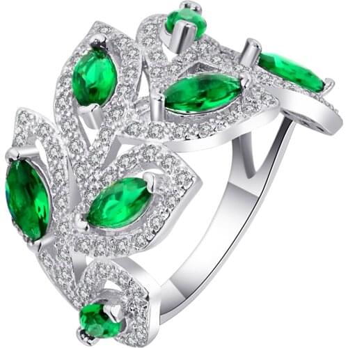 Hainon 2017 Wedding Crystal Silver Color Rings Luxury Green Zircon Leaf Engagement Ring Fashion New Bijoux For Women Jewelry