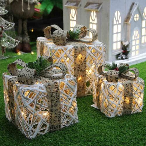 TT Christmas Decorations Christmas Tree Pile Head Luminous Iron Gift Box Three-Piece Set Window Decoration Gift Box