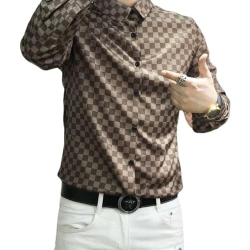 Long-sleeved shirt, light luxury, autumn plus size printing, trendy, handsome casual mens plaid shirt, bottoming shirt