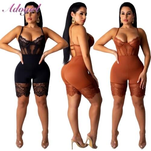 Sexy Sheer Lace Patchwork Night Party Club Bandage Playsuit Women Casual Spaghetti Sleeveless Bandage Short Jumpsuit Rompers