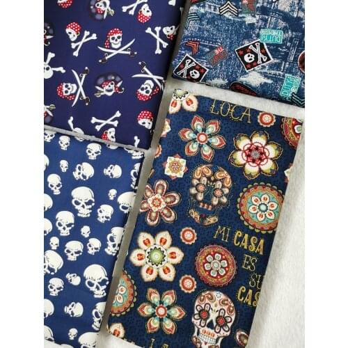 4pcs 35X25cm Flower Skull Pirate Cotton Fabric Navy Blue Vintage Antique Washed Effect Patchwork Tissue sewing Clothing Telas