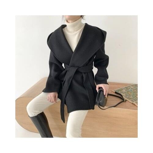 Vintage Chic Women Hooded Loose En Coats 2020 Winter Thick Warm Lace-up Long Sleeve Female Solid Blend Jacket