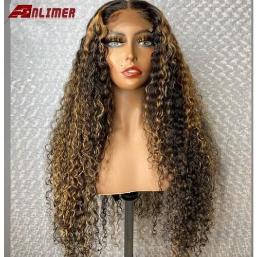 Curly Human Hair Wigs Highlight Ombre Hair Wig Highlight #4/27 Deep Wave T Part Lace Front Human Hair Wigs For Black Women Remy