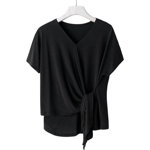 Women V-neck New Design Cotton Blouse Short Sleeve Office Ladies Basic Tops 2020 Summer Casual Solid Female Top Plus Size M-6XL