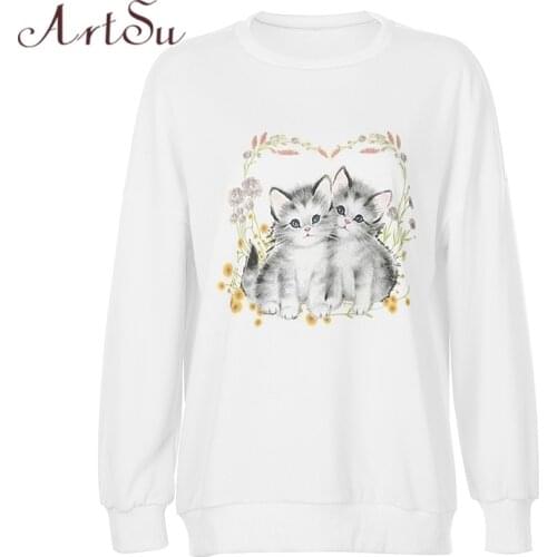 ArtSu Cat Oversized Hoodie Sweatshirt White Autumn Cute Long Sleeve Sweat Shirt Casual Hoodies Pullover Ladies Streetwear O50118