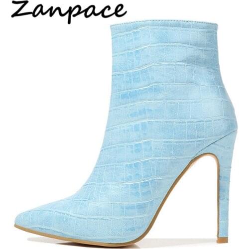 ZAPACE Snakeskin Chelsea Women Boots Thin Heels Back Zipper Leather Shoes Woman Pointed Plus Velvet Warm High Heel Leather Boots