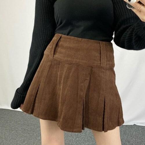 Women Y2K Corduroy Pleated Skirts Aesthetic Gothic High Waist Solid Color Mini Skirt Preppy Style Harajuku Clothes Beachwear