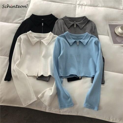 Schinteon Women Knitted Cardigan Casual Jacket Turn-down Collar Short Outwear Spring Summer Slim Top Double zipper 2021