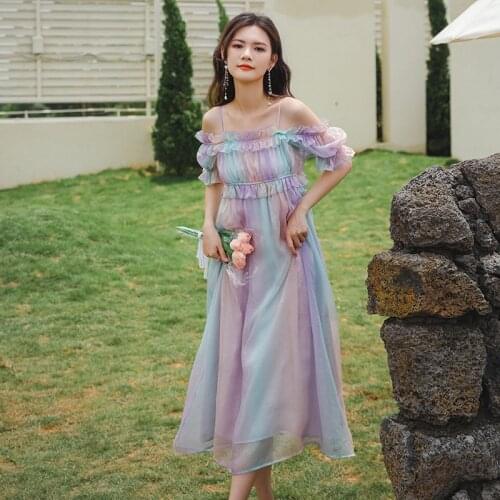 Women Long Neon Slip Dress Summer 2021 Runway Elegant Boho Vintage Korean Fairy Casual Beach Vacation Party Night Backless Dress