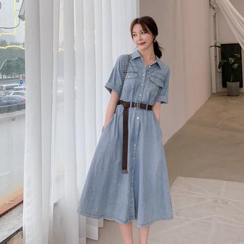4XL denim dress womens 2020 summer dress new Korean temperament retro mid-length denim dress with belt female vvv