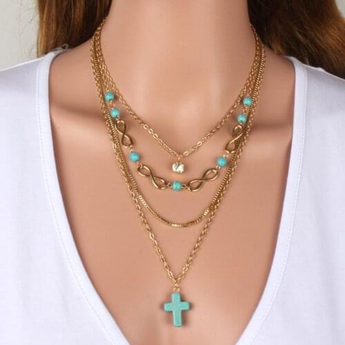 Women Multi layer necklace gold color blue stone cross Necklace Set Stacked bohemian Strand Necklace Boho Jewelry Femme Collier