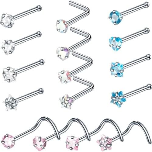 1PC Zircon Nose Studs Hook Bar Pin Stainless Steel Korean Fashion Nostril Puncture Ear Cartilage Piercing Body Jewelry for Women