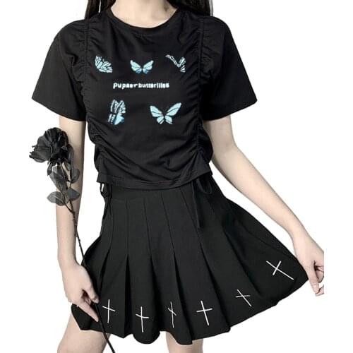 2021 Women Ruched Crop Top Adults Sexy Butterfly Pattern Short Sleeve Round Neck Side Drawstring T-shirt