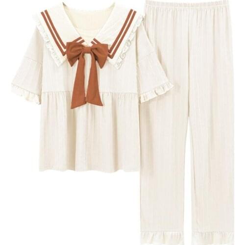 6 Colors Women Pajamas Set Cotton Summer Short Sailor Collar Cute Bow Spring Autumn Home Sleepwear Kawaii Lolita Daily Wear