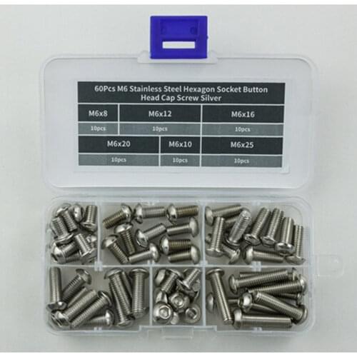 60pc M6 Stainless Steel Hexagon Socket Button Head Cap Screw Silver