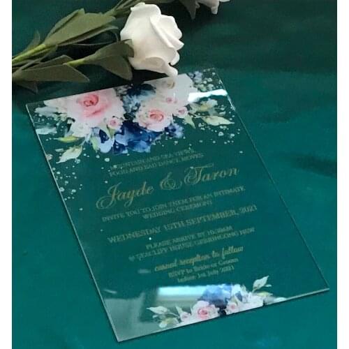 Floral 10pcs Acrylic Wedding Invitation,gold Acrylic Invitation,Graduation Acrylic Invitations,Printing Invites,Pocket envelopes
