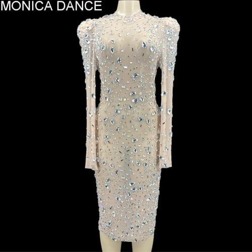 Sparkly Silver Rhinestones Mesh Dress See Through Birthday Celebrate Outfit Nightclub Party Dance Female Singer Show Dress