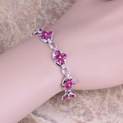Noblest Red Cubic Zirconia Silver Plated Link Chain Bracelet 6.5 inch S0353