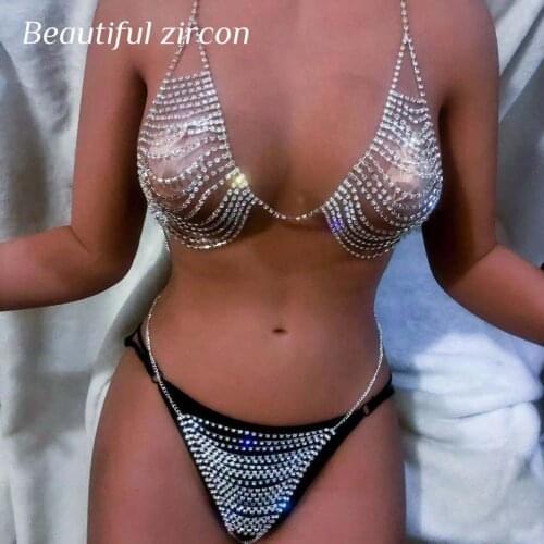 Womens full set Rhinestone Bikini Bra thong body chain adjustable charm crystal suspender bra sexy hot underwear party accessor