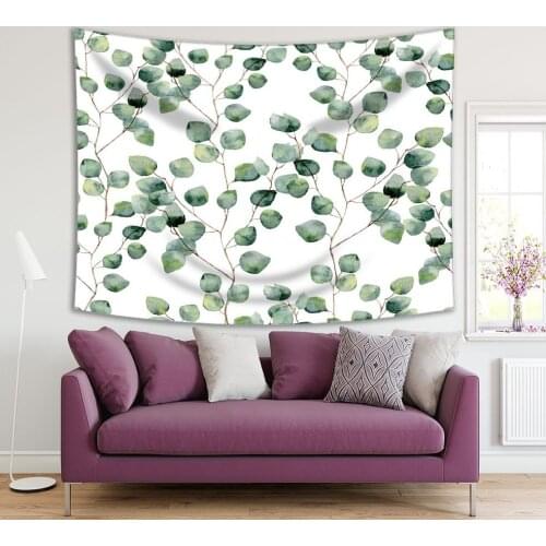 Tapestry Eucalyptus Plant Round Leaves Branches Floral Pattern Watercolor Painting Art Green White