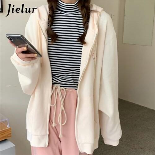 Jielur Autumn New Zip-up Hoodies Simple Casual Street Loose Thin Black Gray Apricot Sweatshirt Pocket Hooded Women Cardigan M-XL