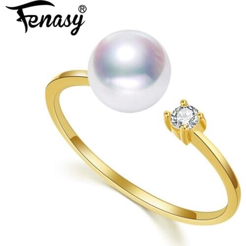 FENASY Brand 18K Yellow Gold Rings 7-8mm Round Natural Pearl Ring For Love Bohemian Women 18K Gold Wedding Rings Engagement Ring